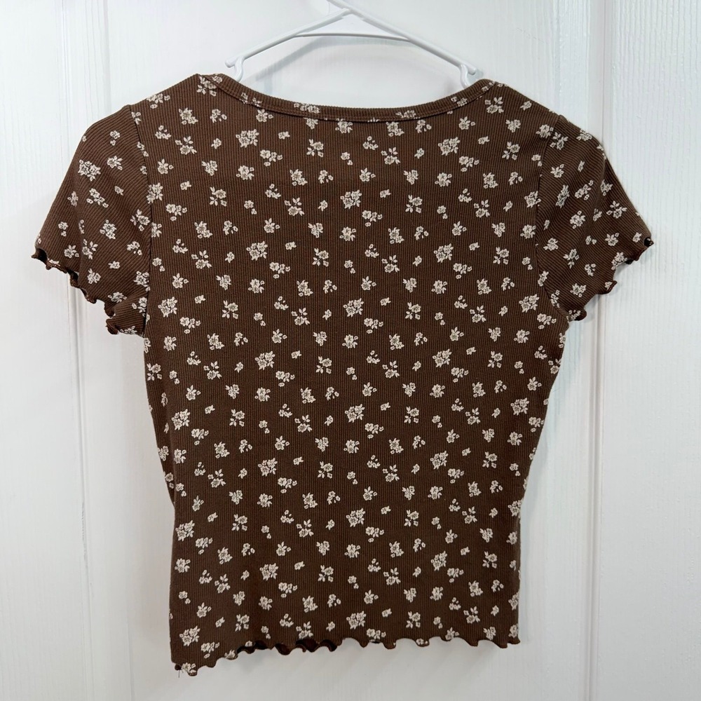 Hollister brown floral ribbed scoop neck baby doll crop stretch casual tee y2k S - Picture 6 of 7
